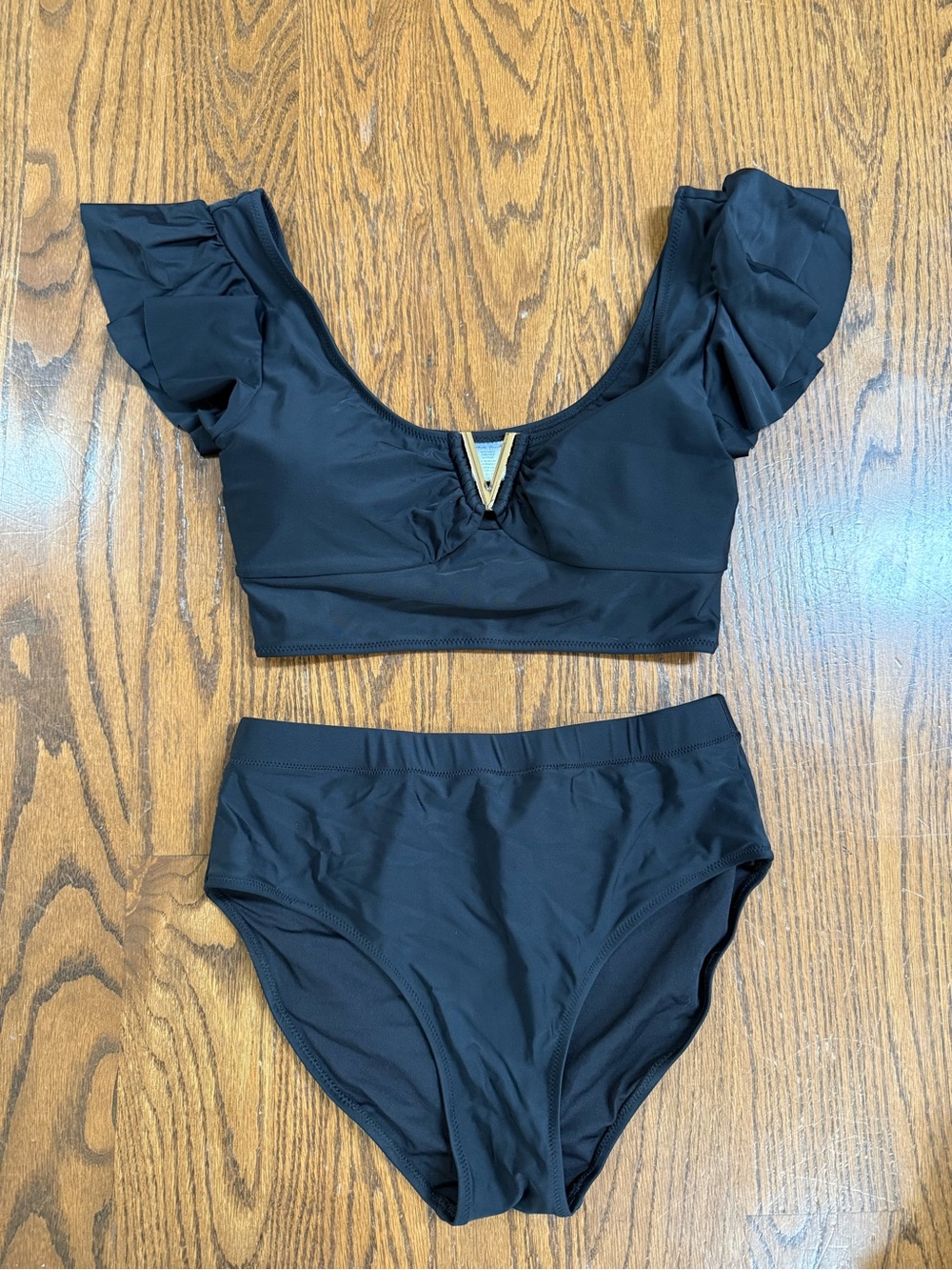 white birch Black Swim Two Piece High Waist Bottoms with Ruffle Sleeveed Top